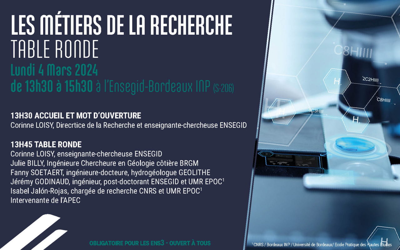 Table Ronde ENSEGID "les métiers de la recherche" lundi 4 mars 2024